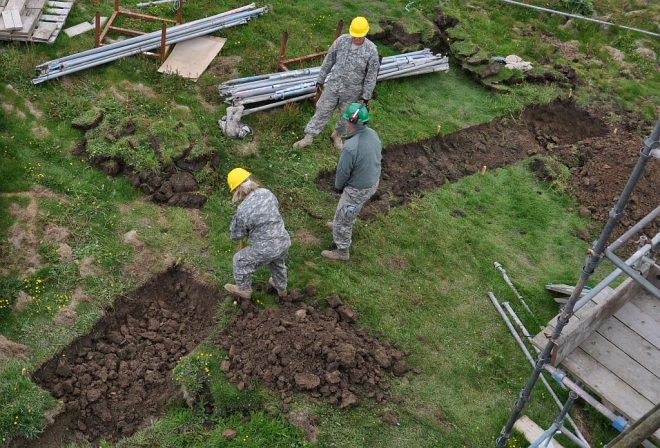 An aerial view of work to create the HMS Hampshire wall (image: Leslie Burgher)